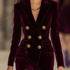 Elegant Burgundy Velvet Blazer for Women - Double-Breasted Jacket with Golden Accents, Long Sleeve, Machine Washable, Perfect for Office or Evening Wear