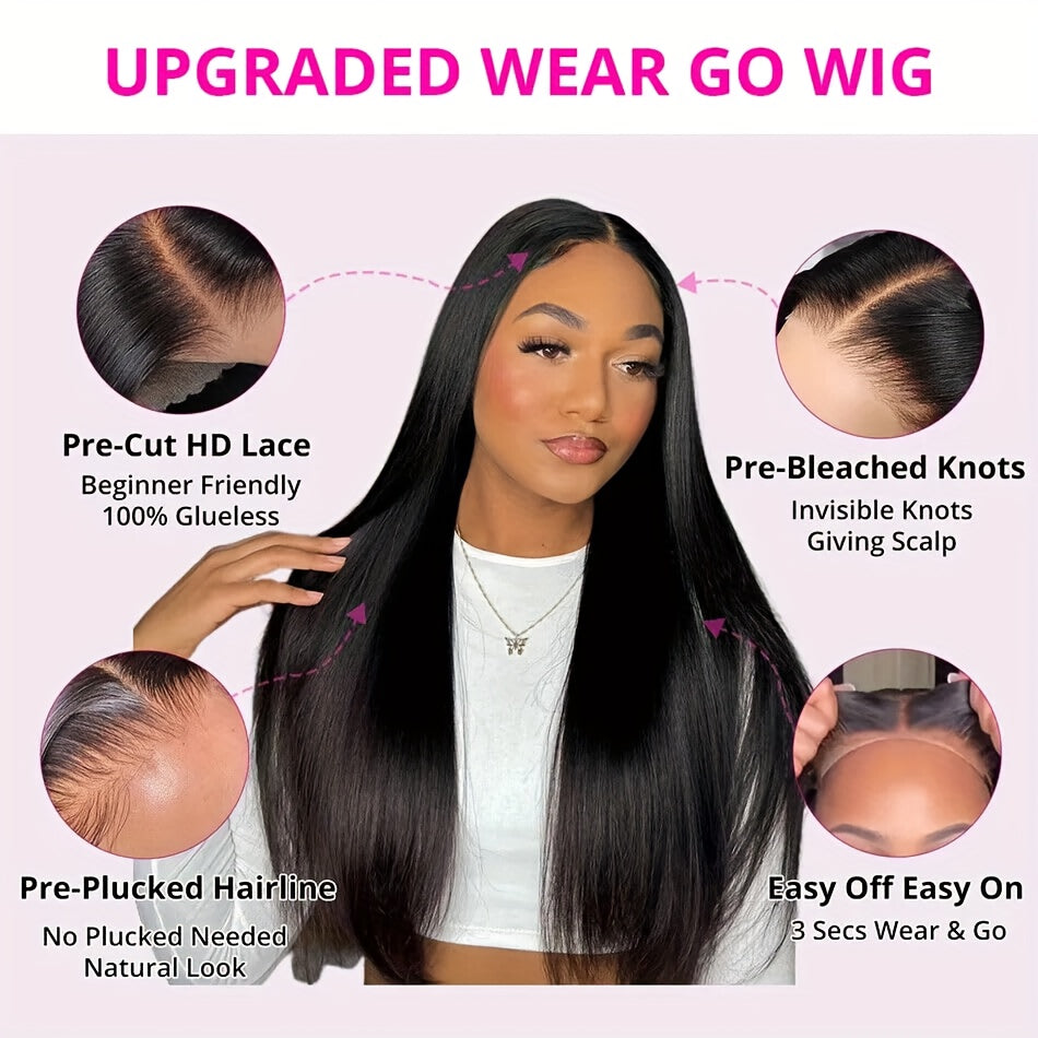 Luxurious 250% Density Straight Human Hair Wig - 5x5 HD Transparent Lace Front, Pre-Plucked & Pre-Cut With Glueless Closure, Easy To Wear & Style, Pre-Bleached Knots, 3 Seconds To Wear
