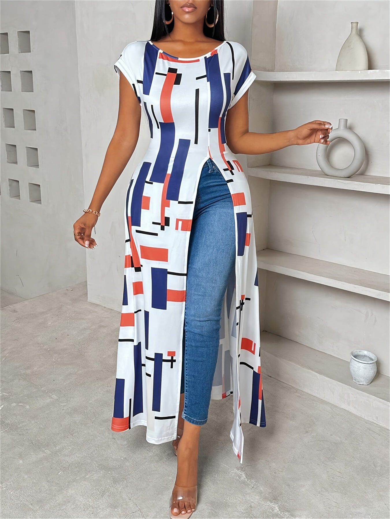 Women'S Geometric Print Round Neck Short Sleeve Casual T-shirt With Side Slit Hem Long Top, Spring/summer Women'S Wear