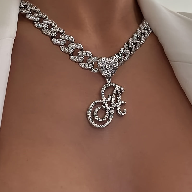 Silvery Cuban Link Necklace - Heart-shaped Alphabet Pendant on Ice Chain - Unisex Hip-hop Jewelry Gift