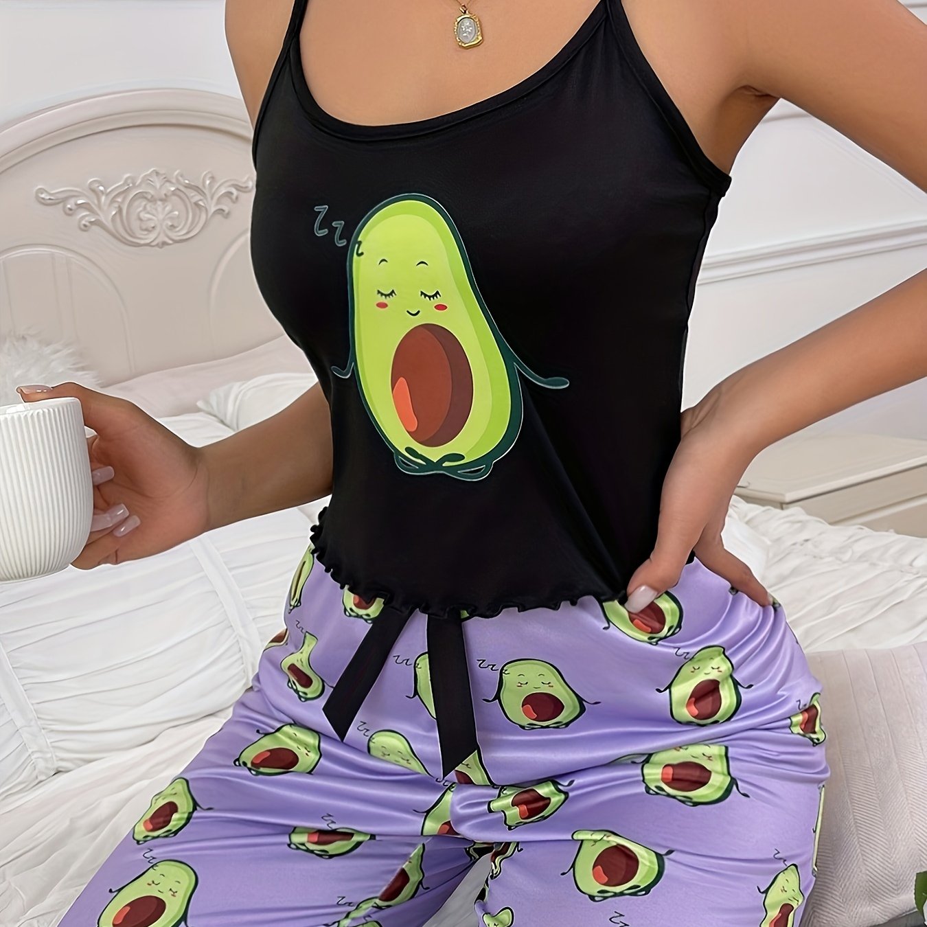 Graphic Print Lounge Set, Scoop Neck Lettuce Trim Cami Top & Pants - Women's Loungewear & Sleepwear - Soft & Comfortable Fabric - Perfect for Relaxing at Home - Ideal Gift for Women