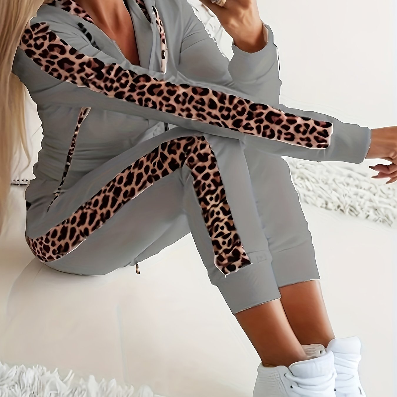 Two-piece Set, Long Sleeve Leopard Print Zip Up Hoodie & Drawstring Pants Outfits, Women's Casual Clothing