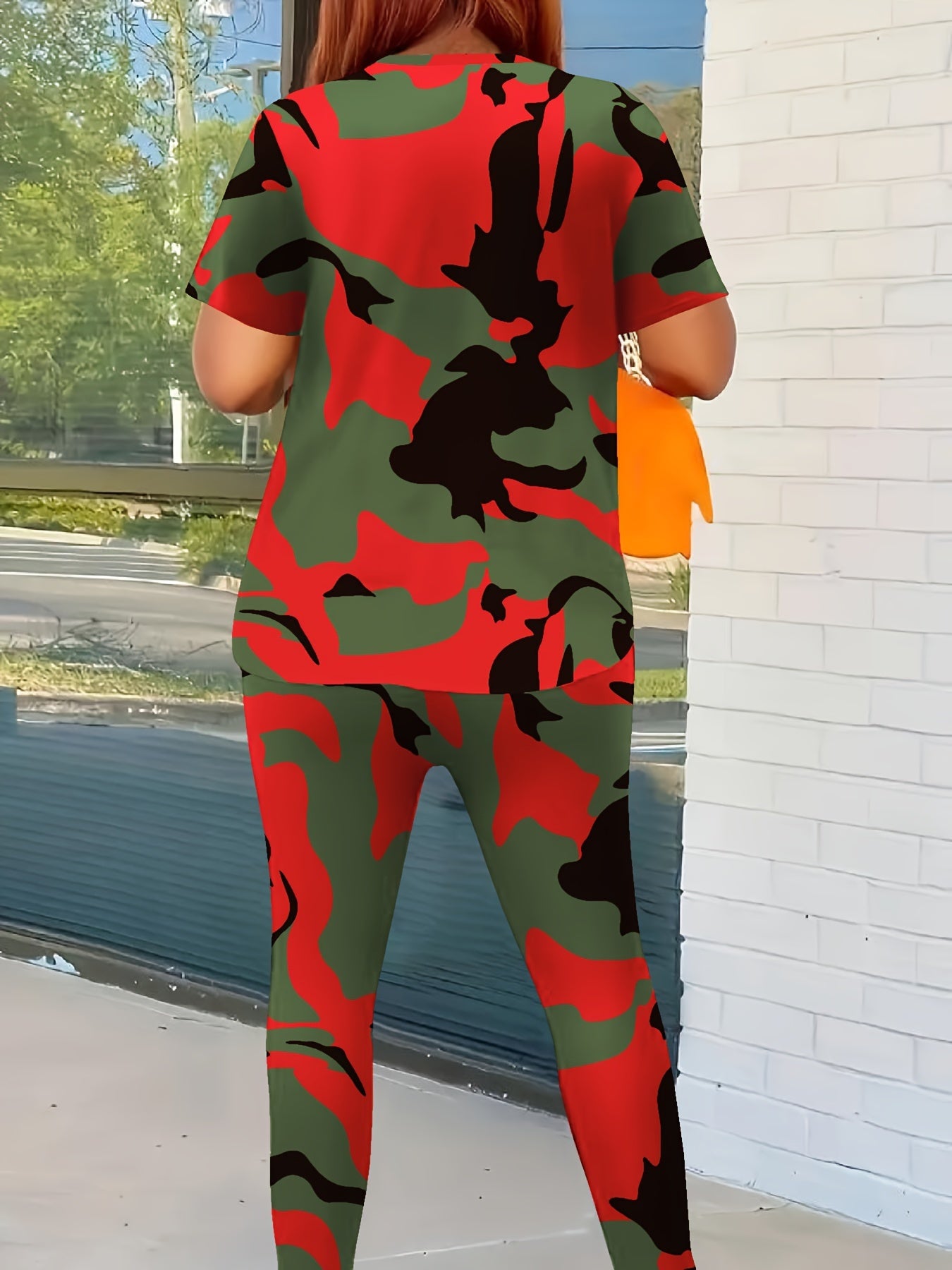 Camo Print Two-piece Set, Casual Crew Neck T-shirt & Skinny Pants Outfits, Women's Clothing