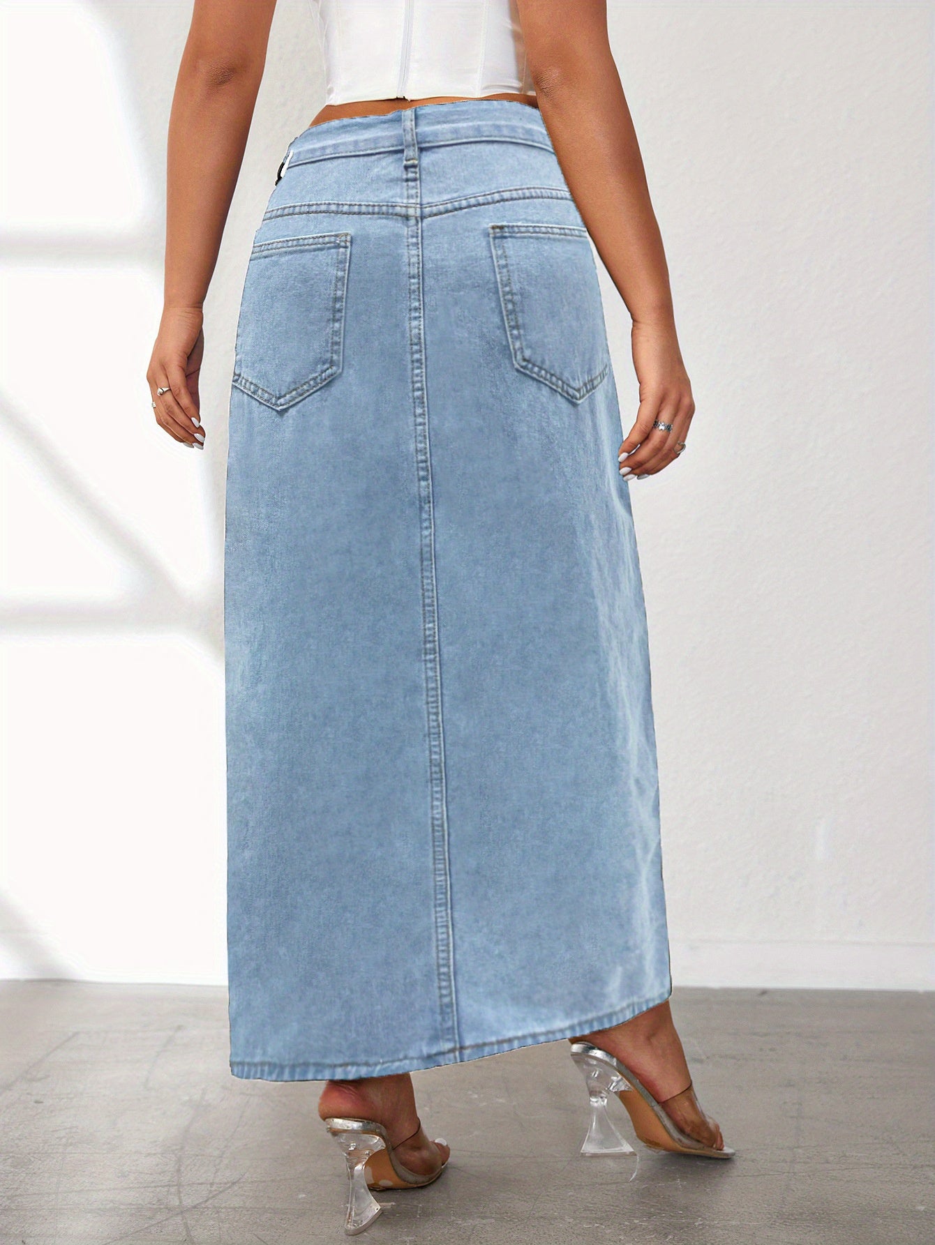 2025 Spring and Summer New Washed Solid Color High Split Half-body Denim Skirt
