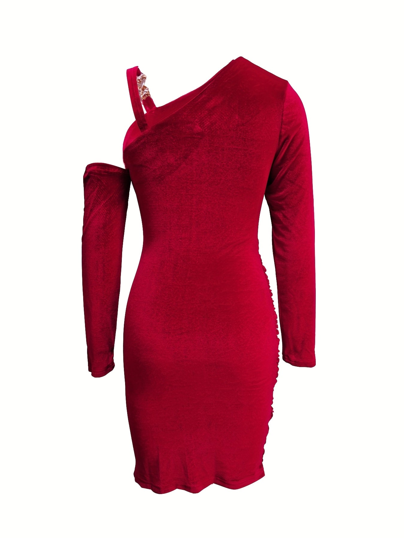 Elegant Off-Shoulder Blue Midi Dress for Women - Chic Chain Detail, Long Sleeves, Ruched Bodycon Fit, Polyester, Machine Washable - Perfect for Evening & Vacation