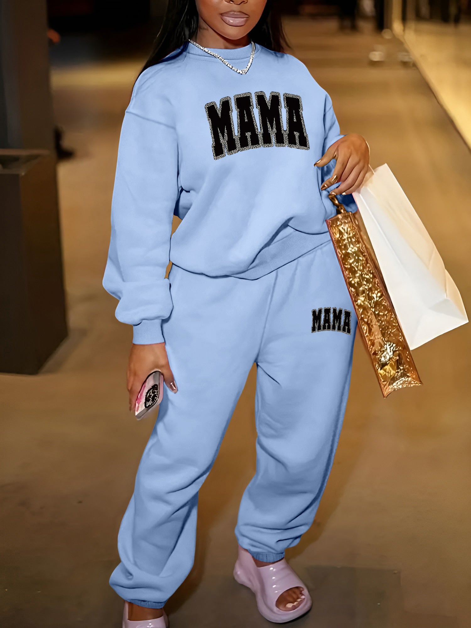 1set Women'S Casual Crew Neck Sweat Suit, Polyester Knit Fabric with Alphabet Pattern, Long-Sleeve Sweatshirt and Sweatpants Set for Fall/Winter