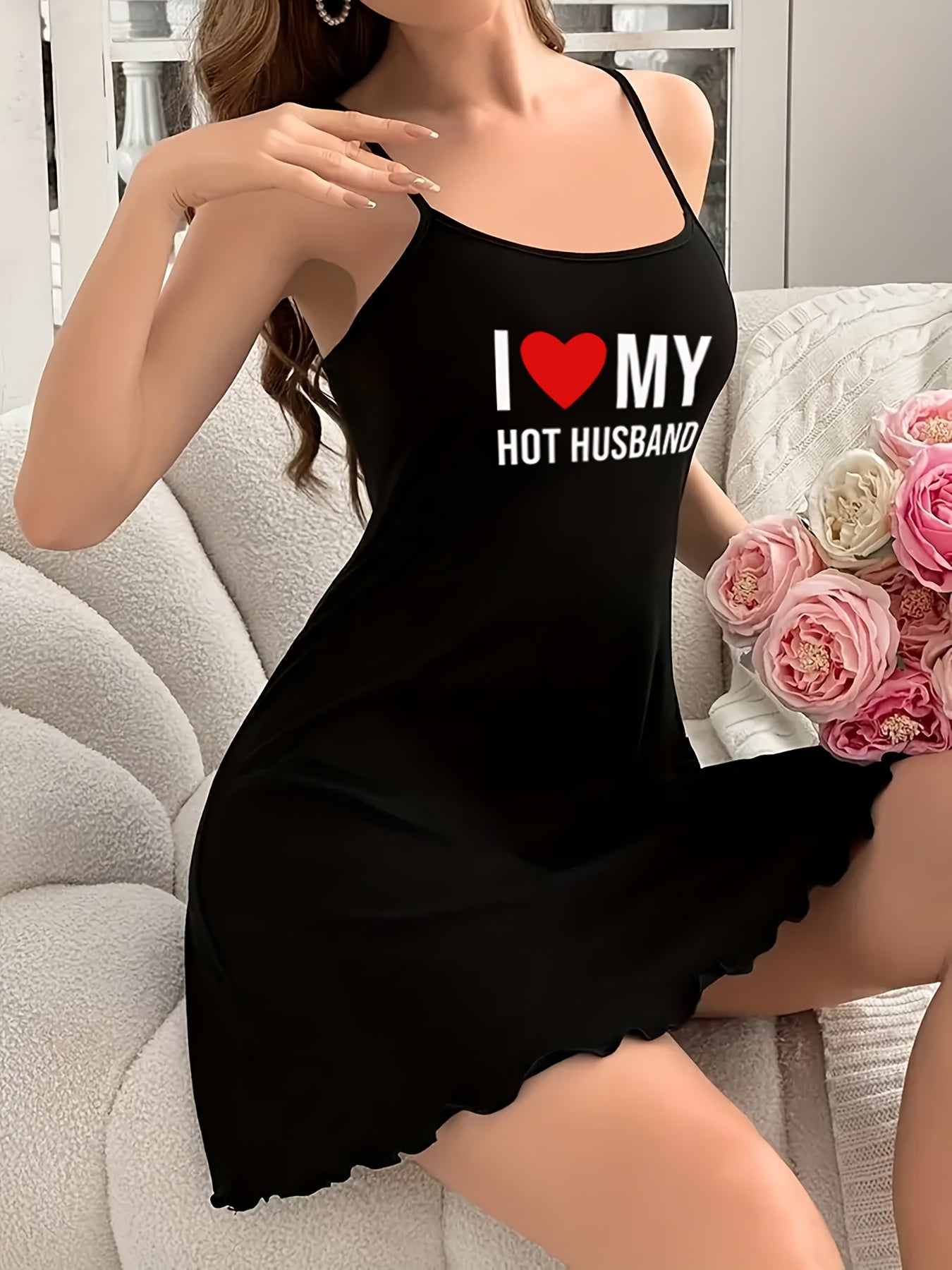 Women's 'I Love My Hot Husband' Graphic Slip Nightdress - Black Polyester Knit, Adjustable Spaghetti Straps, Lettuce Edge Detail, All-Season Comfort Sleep Dress for Adults, Casual Sleepwear | Lettuce Edge Design | Stretchy Ma