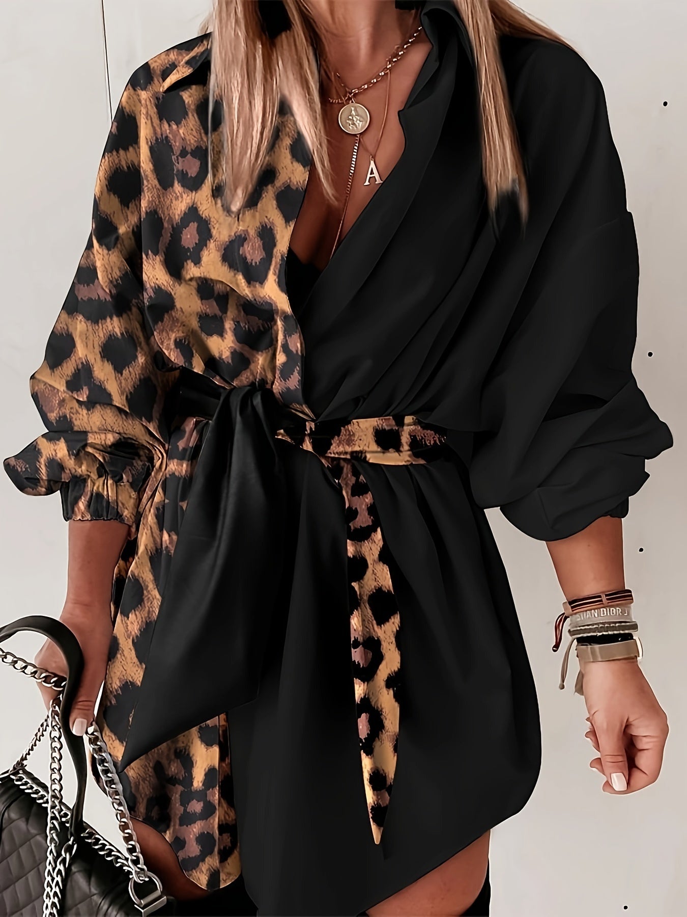 Women'S Leopard Print Wrap Dress with V-Neck and Button Details - Stylish Black and Brown Pattern, Perfect for All Seasons, Casual to Semi-Formal Attire, Casual Attire|Vneck Dress|Wrap Dress