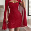 Elegant Red Glittery High-Neck Dress for Women - Long Sleeve, Sheer Mesh Overlay, Flowy Hem, Perfect for Spring & Fall, Casual Yet Stylish Formal Attire