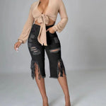 Trendy Distressed Denim Shorts with Fringe Hem for Women