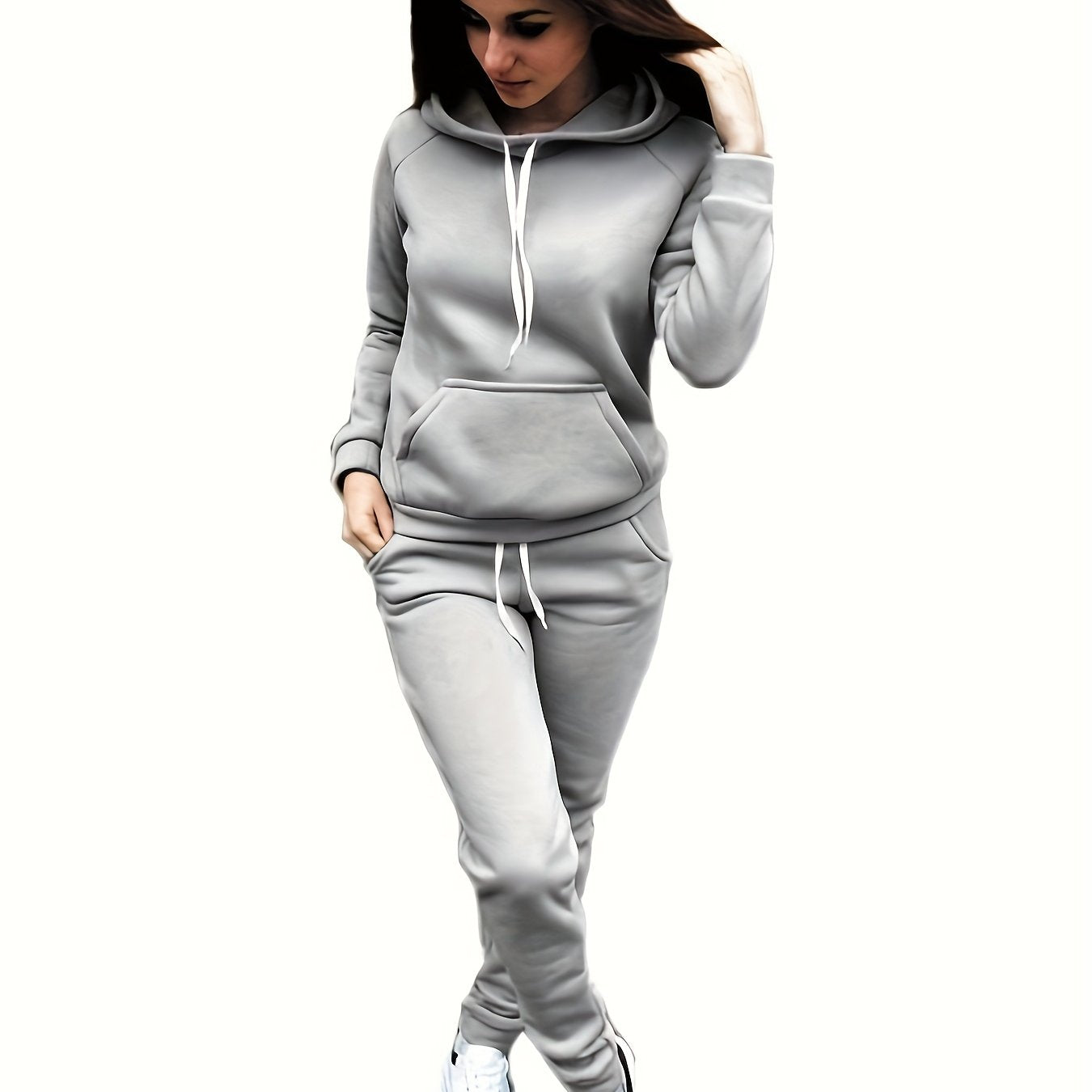 Ladies Fashion Casual 2pcs Red Hoodie, Slim-fit Hoodie, Long Sleeves, With Front Pocket And Adjustable Drawstring Pants, Solid Color Casual Spring/Fall Dress, Los Angeles Style, Gift For Girlfriend
