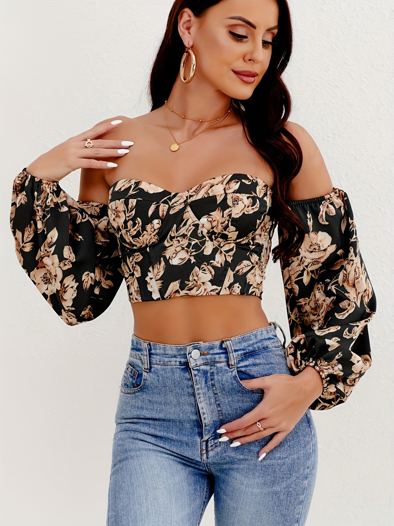 Vibrant Floral Print Crop Top, Off-shoulder Strappy Blouse with Lantern Sleeve for Spring & Summer, Women's Clothing