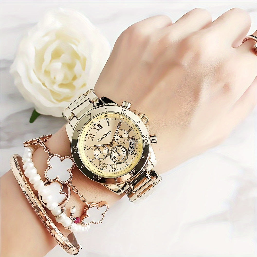 Quartz Watch For Women Stainless Steel Wrist Watch Alloy Pointer With Bracelet Set For Gifts Women daily uses Gifts For Eid