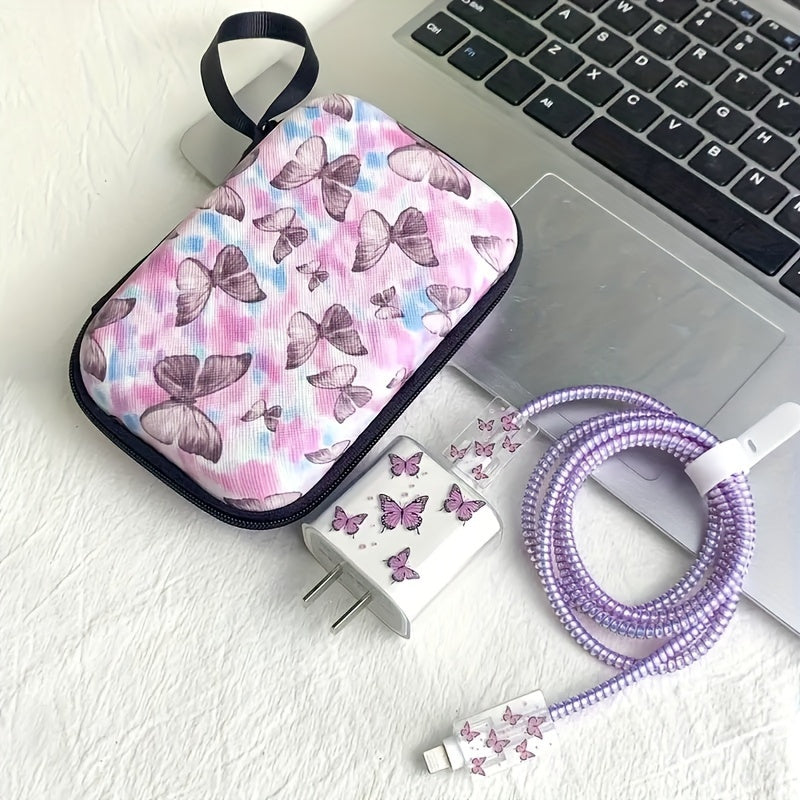 5pcs Purple Butterfly Charger Covers, TPU Protective Cases for iPhone 14 Pro Max, 13/12/11, 18/20W Fast Charging, Cord Wrapping, Anti-Breakage, Gift for Boyfriend/Girlfriend, Phone Accessories