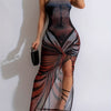 Women'S Sexy Strapless High Slit Maxi Dress, Summer Knit Fabric with Stripe Pattern, 95% Polyester 5% Elastane, Mesh Bandeau Style, 175g/m² Lining Weight, 100g/m² Fabric Weight