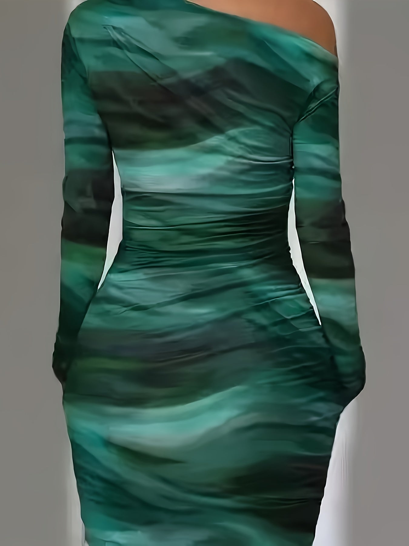 Elegant Asymmetrical Neck Tie-Dye Long Sleeve Bodycon Dress - Green & Black Marble Pattern, Skinny Fit, Perfect for Adult Women, Stylish Evening Attire|Asymmetrical Neckline|Tie Dye Pattern