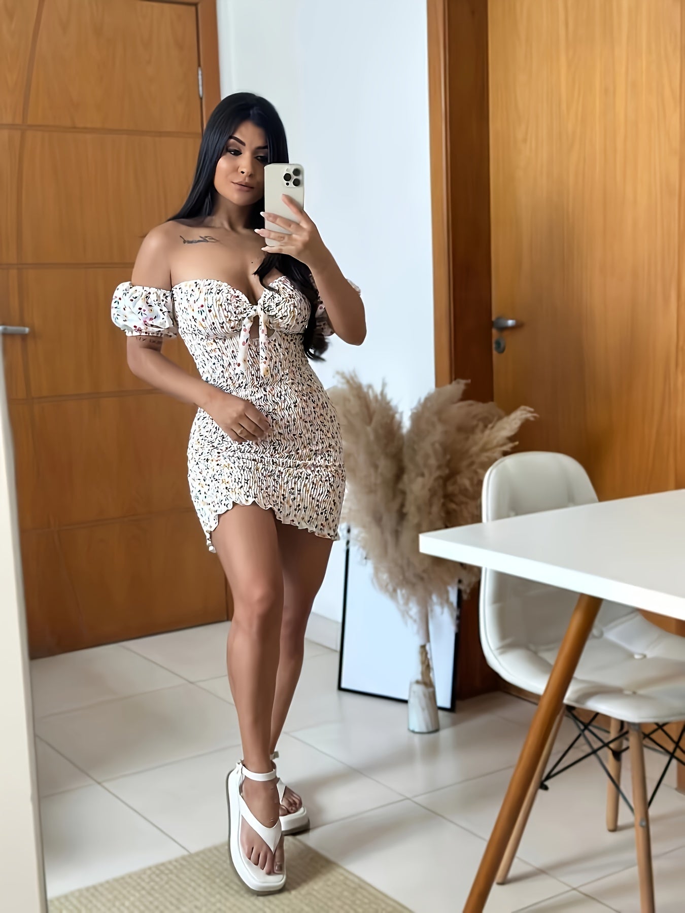 Allover Print Tie Shoulder Dress, Elegant Short Sleeve Bodycon Dress for Spring & Summer, Women's Clothing