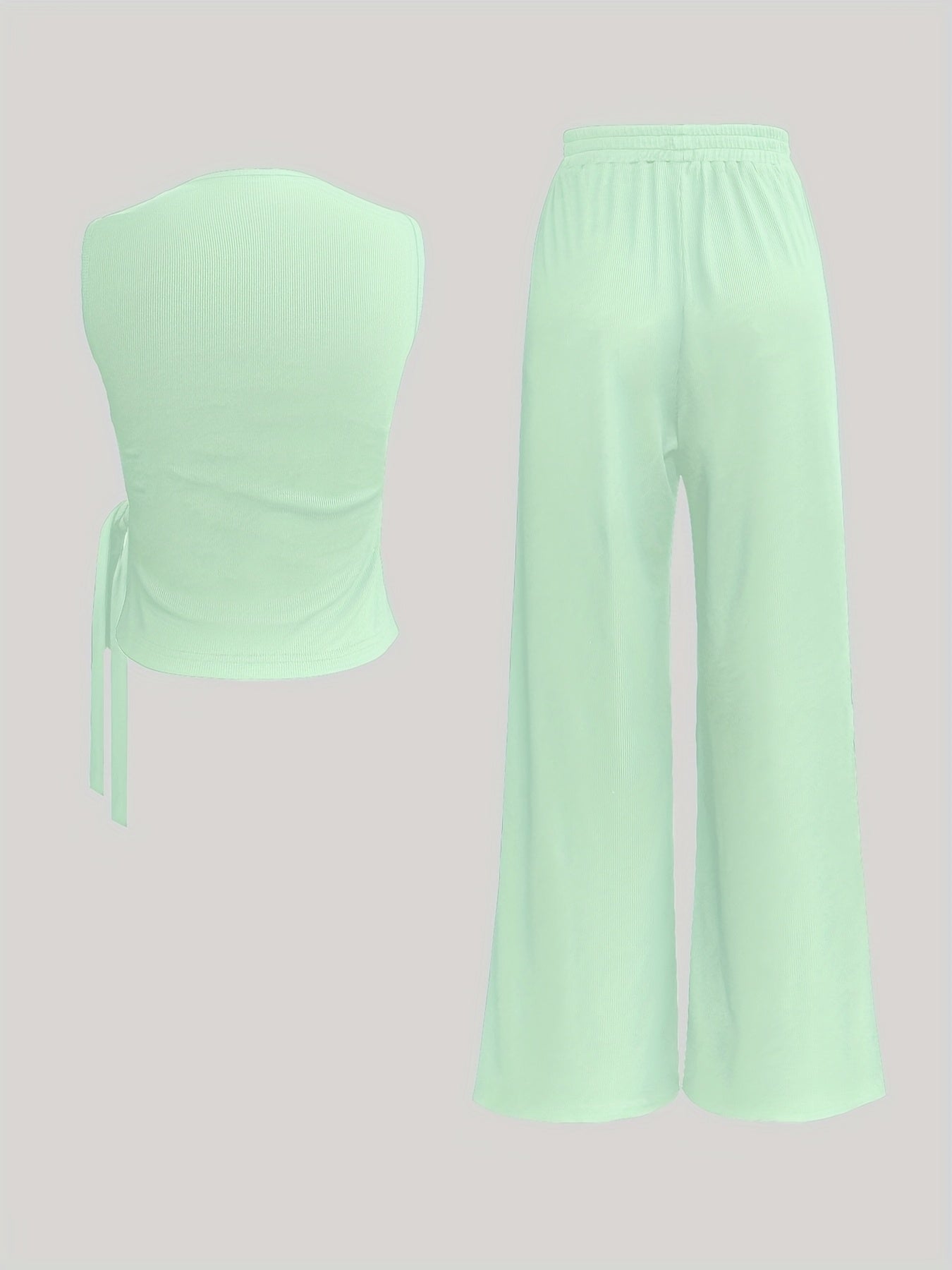Elegant Women's Sleeveless Ribbed Top & Wide-Leg Pants Set – Bow Detail, Stretchy Knit Two-Piece Outfit for Spring/Summer