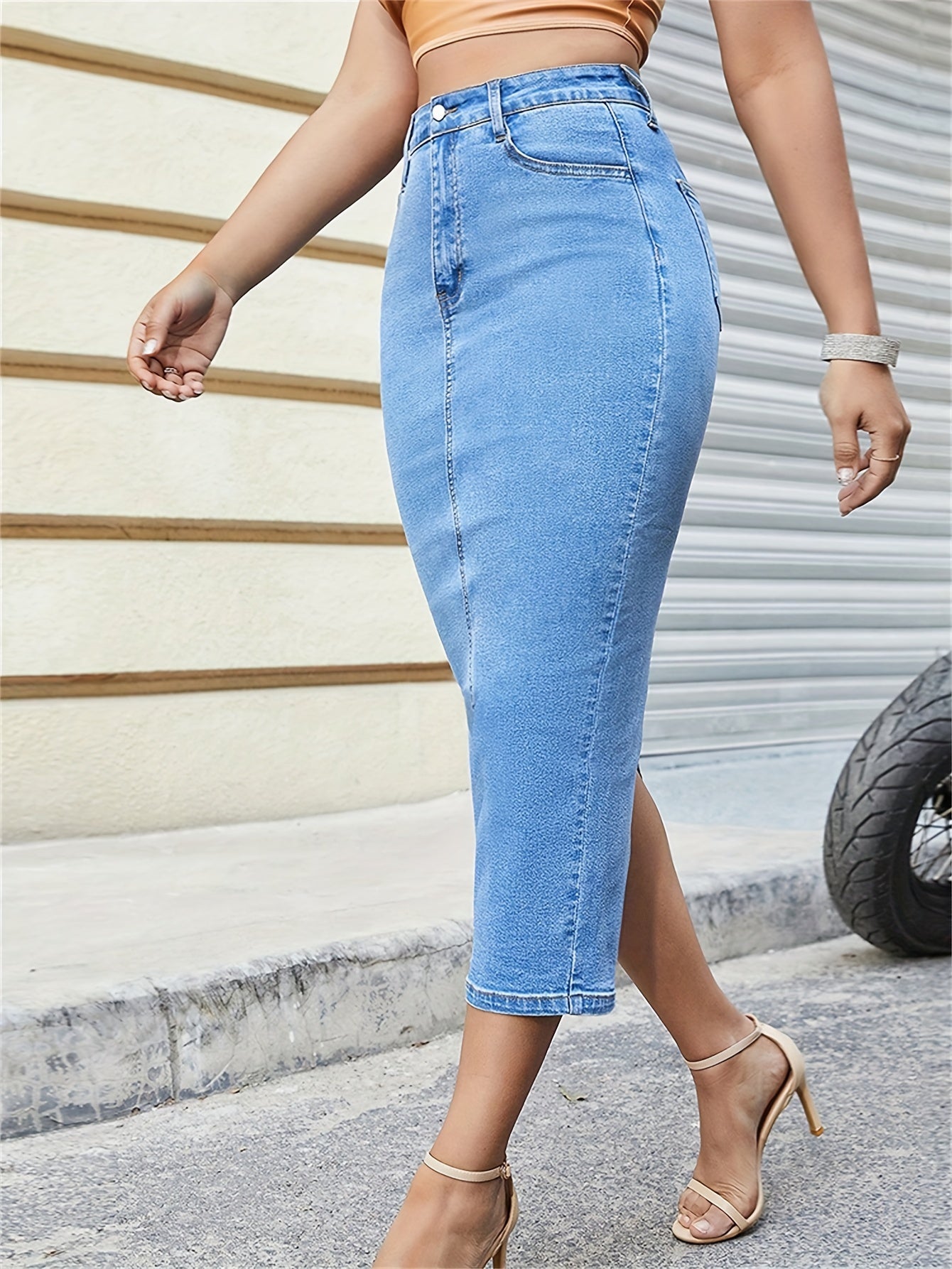 High Waist Denim Skirt, Knee Length, Side Slit Hem, Elastic Denim Skirt - Women's Denim & Clothing - For Women - Suitable for Casual & Party Occasions - Perfect Gift for Fashionable Ladies