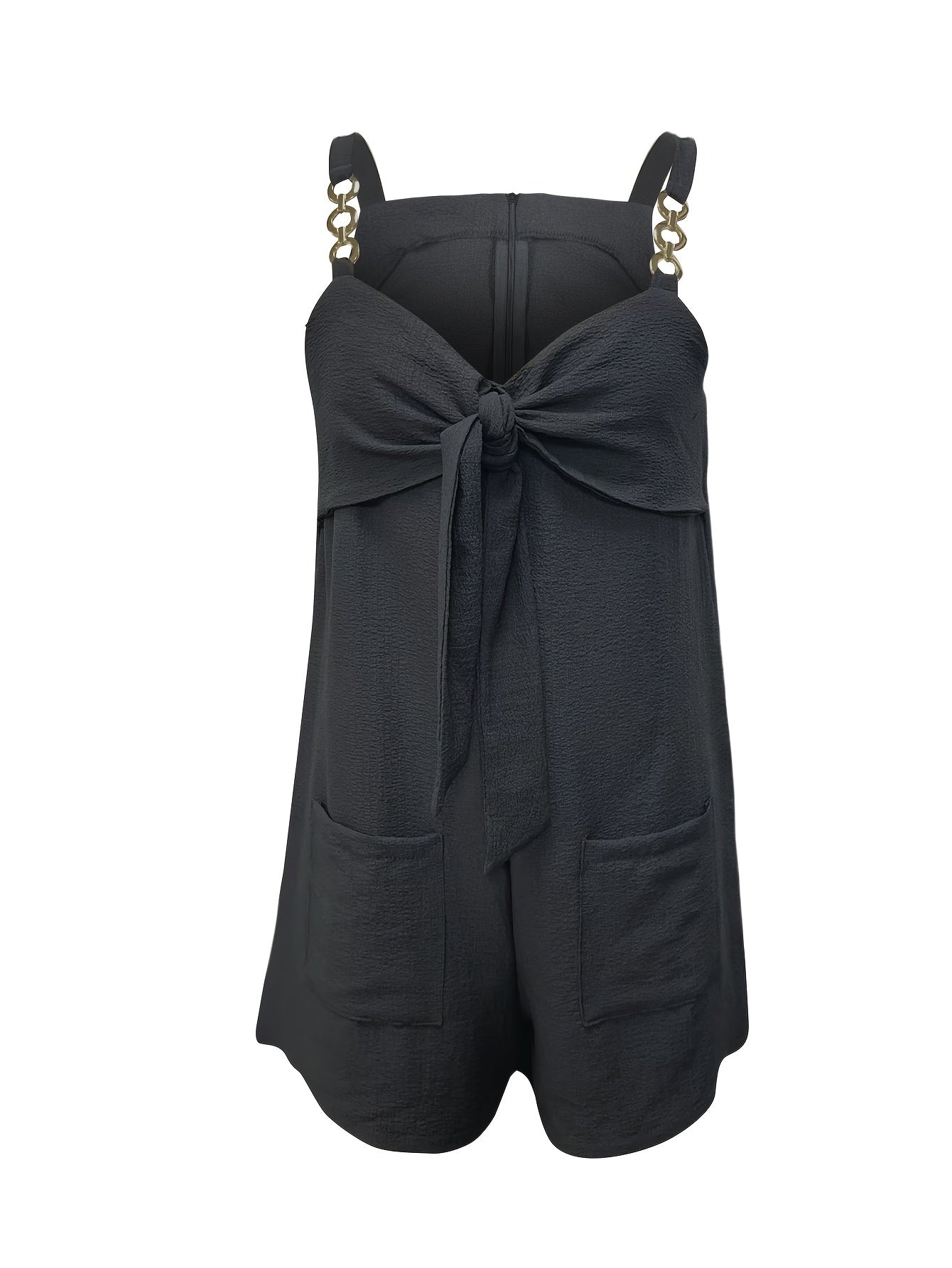 Vibrant Solid Color Polyester Elegant Vest Romper Jumpsuit - Sleeveless Collarless Chain Strap Design, Dual Pockets, No Elasticity, Woven, Perfect for Summer - Womens Casual Clothing