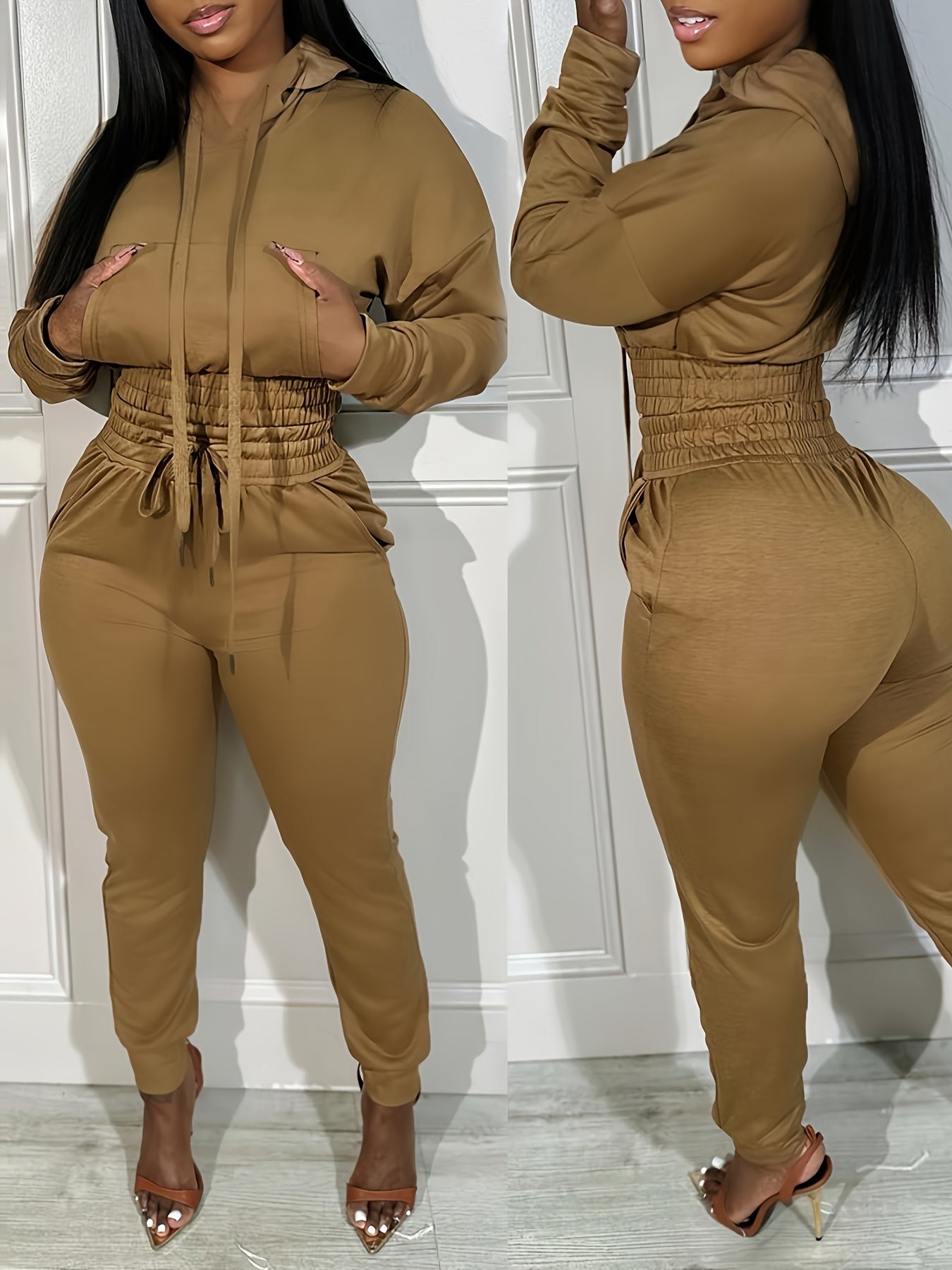 Two-piece Long Sleeve Kangaroo Pocket Drawstring Hoodie & High Waist Drawstring Jogger Pants, Casual Solid Color Women's Clothing Set