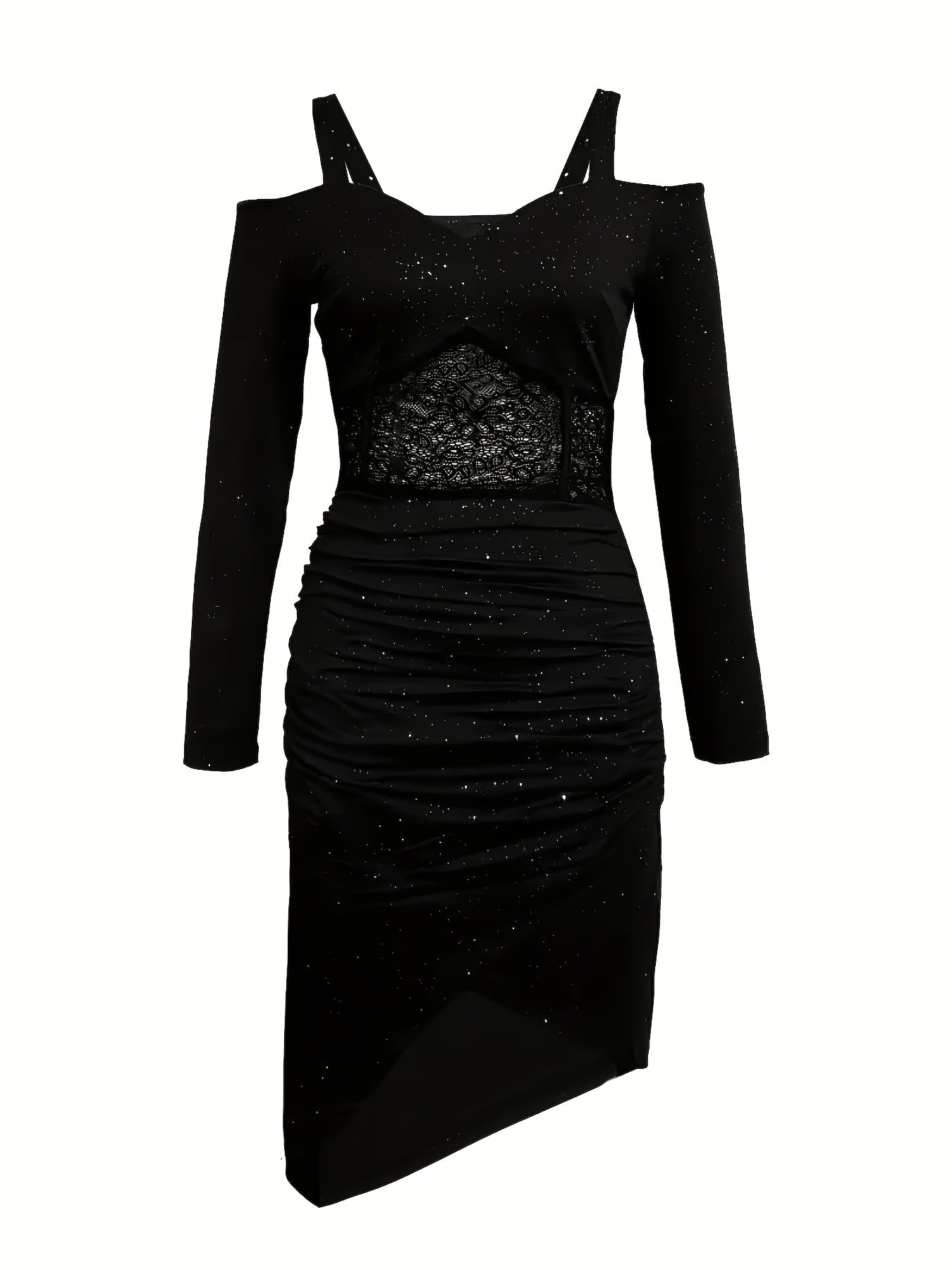Elegant Off-Shoulder Lace-Trimmed Bodycon Dress for Women - Black with Sparkling Sequins, Ruched Front & High-Low Hemline, Stretchy Polyester Blend, Perfect for Parties & Formal Events, Stylish Women's Outfit | Offshoulder Go