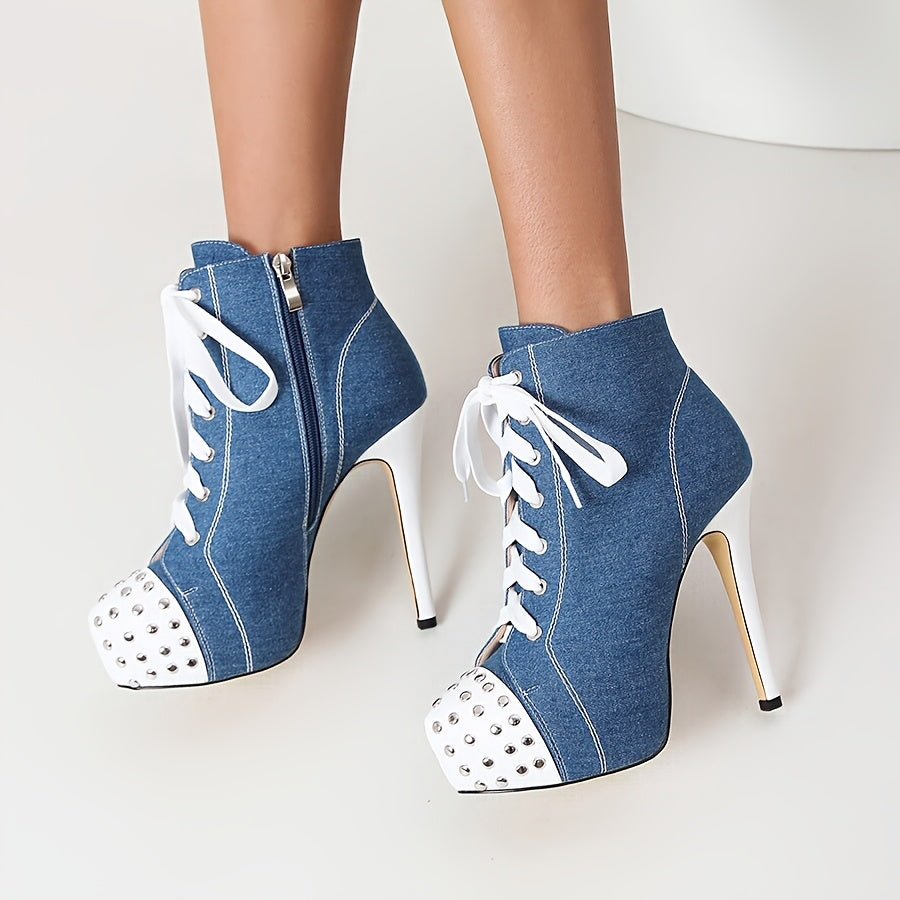 [Waterproof Stiletto Heels Round Toe] Women's Fashion Ankle Boots with Adjustable Strap, Waterproof Platform Stiletto Heels, Round Toe Rivet Detail, Side Zipper, British Style Mid-Calf Color Block Boots for Parties and Shoppi