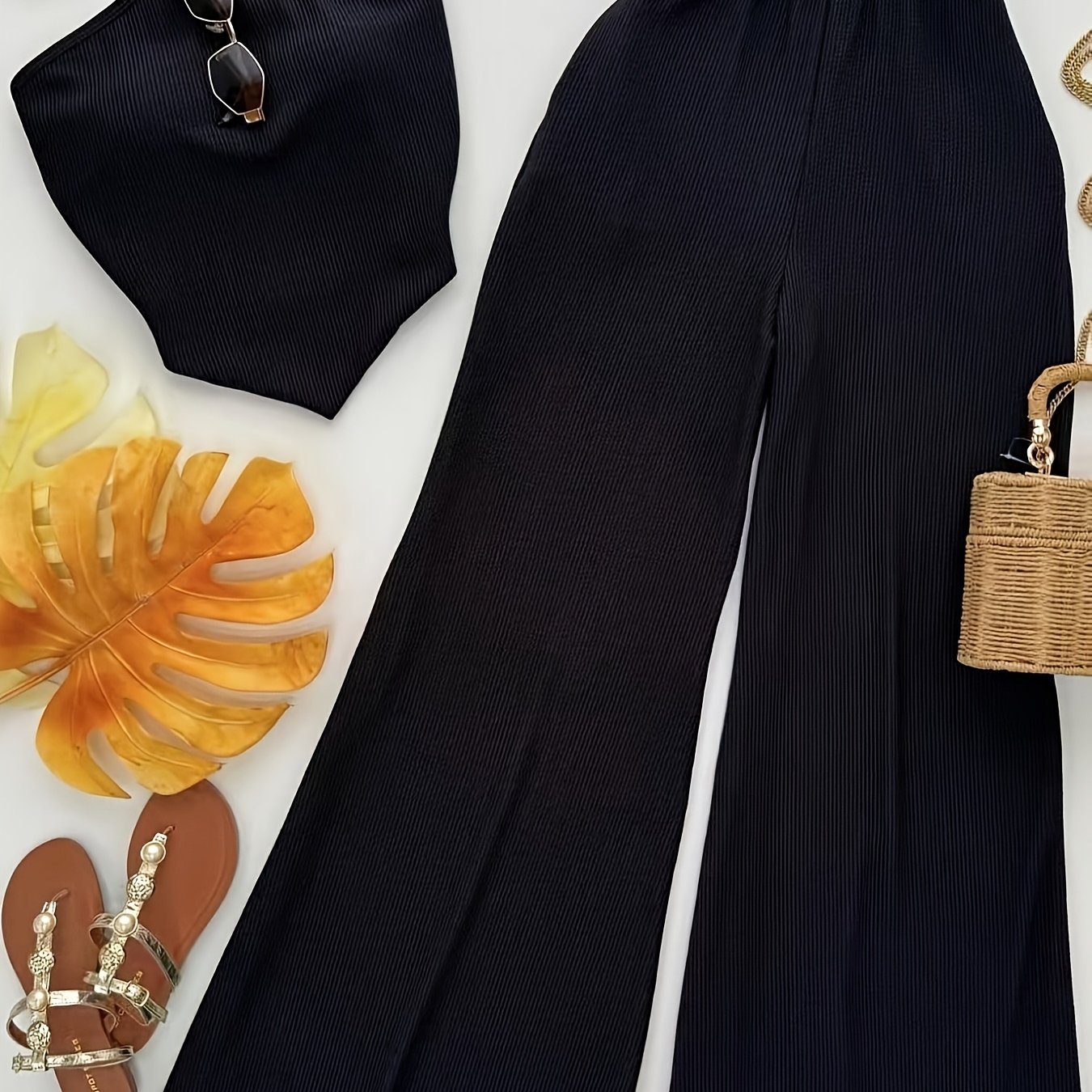 Summer Design Off-Shoulder Crop Top + Elastic Waist Flare Pants Set