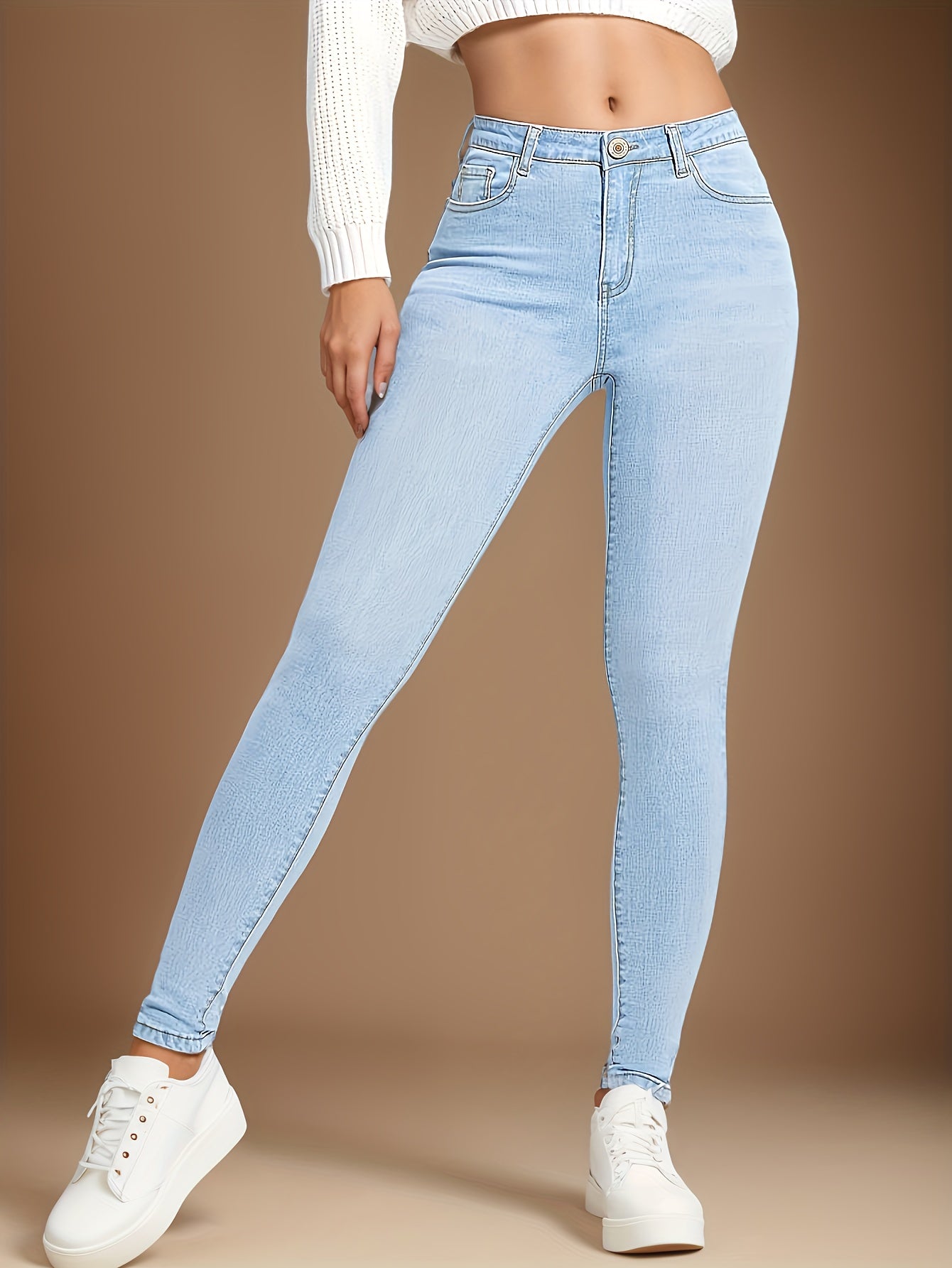 Stretchy High-Rise Slim Fit Blue Jeans - Comfortable High-Stretch Fabric, Slant Pockets, Premium Quality, Soft Touch, And Stylish Design For Everyday Wear