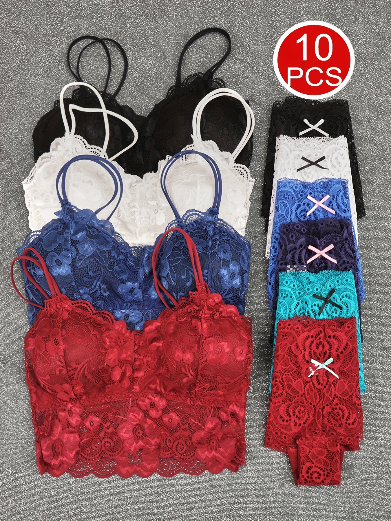 10pcs Women's Lace Trim Bra & Panty Set - 6 Colors, S-XL, Nylon Spandex Blend, Mid-Rise Waist with Bow Design, Comfortable Everyday Lingerie Set, Breathable Underwear & Supportive Bras for Women
