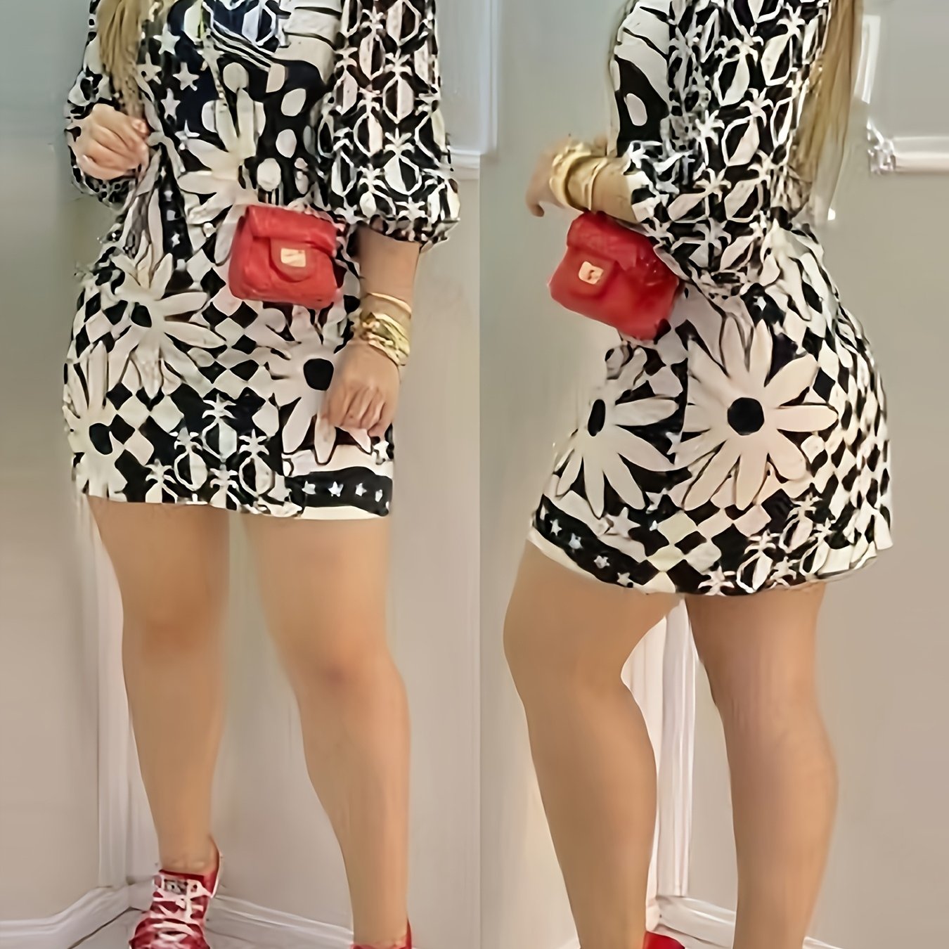 Women's Elegant Geometric Print Lantern Sleeve Square Neck Mini Dress - Black & White Polyester A-Line Dress, Machine Washable, All-Season Chic Outfit, Stylish Daywear | Square Neckline Dress | Sleek Finish Dress
