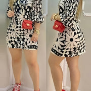 Women's Elegant Geometric Print Lantern Sleeve Square Neck Mini Dress - Black & White Polyester A-Line Dress, Machine Washable, All-Season Chic Outfit, Stylish Daywear | Square Neckline Dress | Sleek Finish Dress