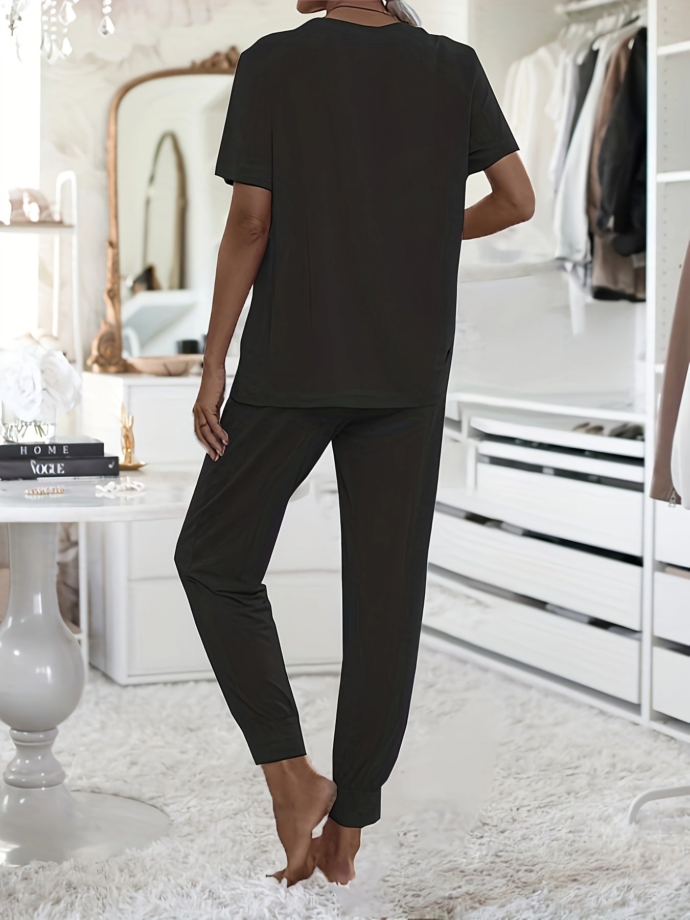 Women's Casual Solid Lounge Set: Short Sleeve Crew Neck Top & Joggers with Pockets