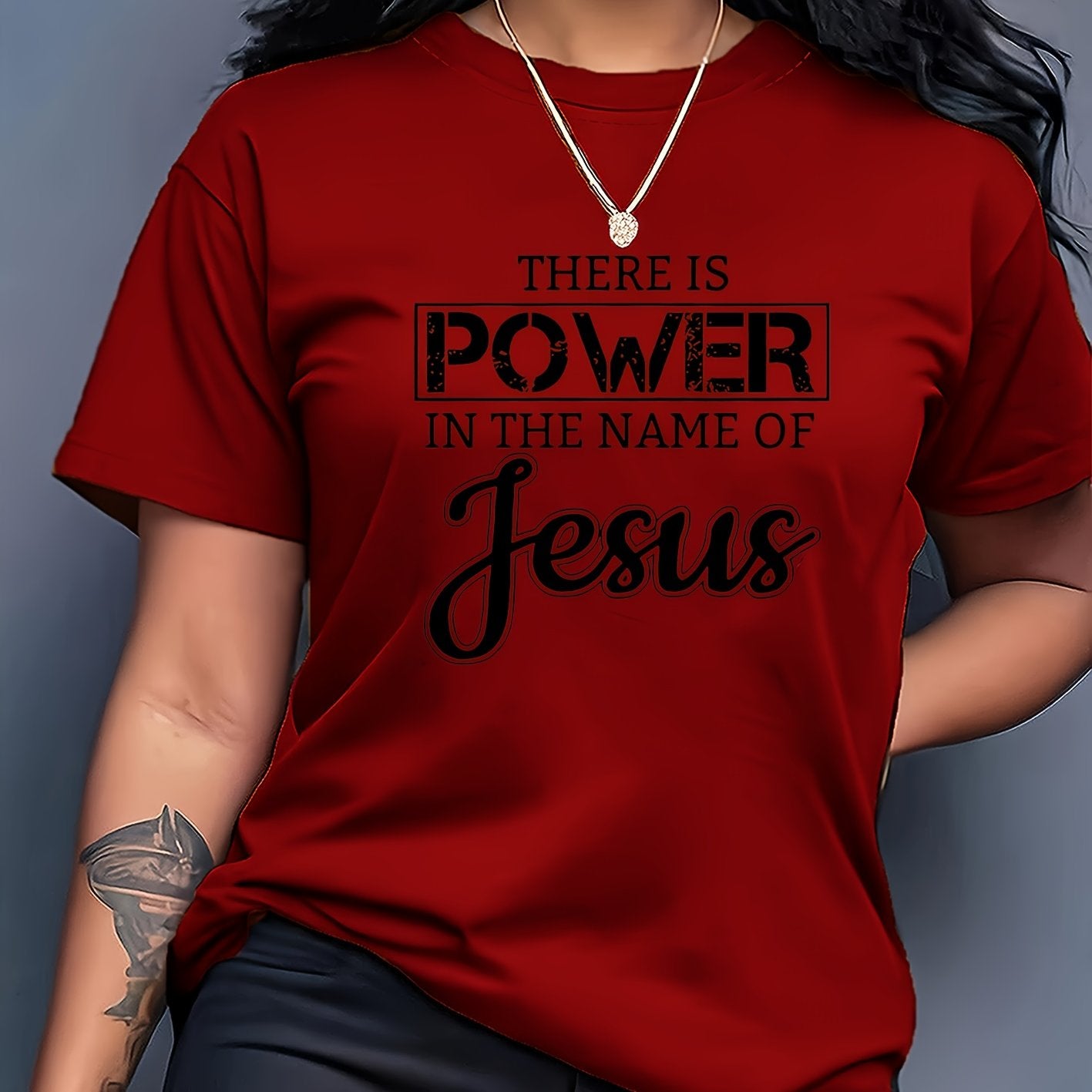Women's Inspirational Jesus Power Quote T-Shirt - Casual Crew Neck, Short Sleeve, Beige Polyester Tee with Artistic Letter Print, Machine Washable, Casual Wear|Graphic Tee|Polyester Fabric