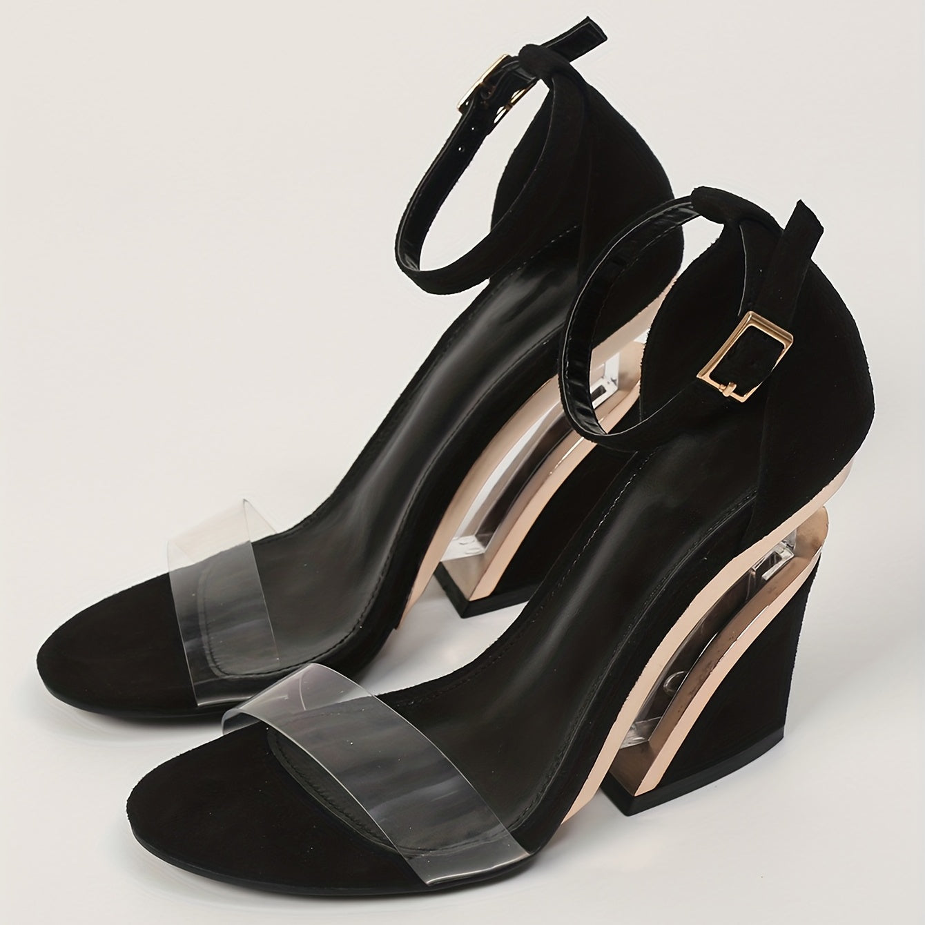 [Elegant High Heel Sandals] High Heel Elegant Open-Toe Platform Wedge Sandals for Women - Transparent Strap with Golden Buckle Closure, Black Cover Upper with Clear T-Strap Design - All-Season High Heel Shoes with Rubber Sole