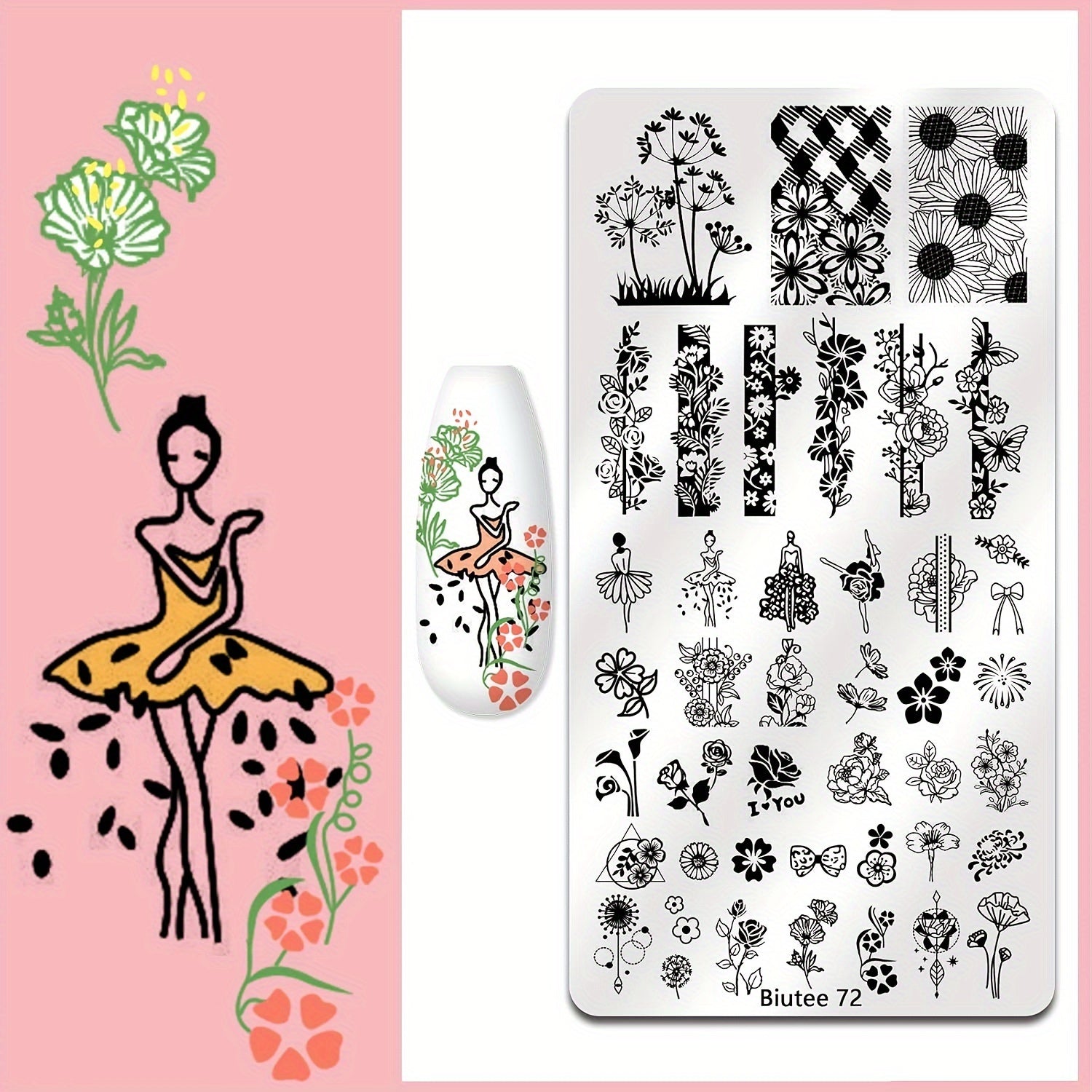 Biutee Nail Stamper Kit Nail Art Stamping Plate Set 8 Stamping Nail Polish Gel 12 Stamp Plate Jelly Silicone Stamper Flower Animal Lace Girl Star Rose Love Template Tool Supplies Holiday Design