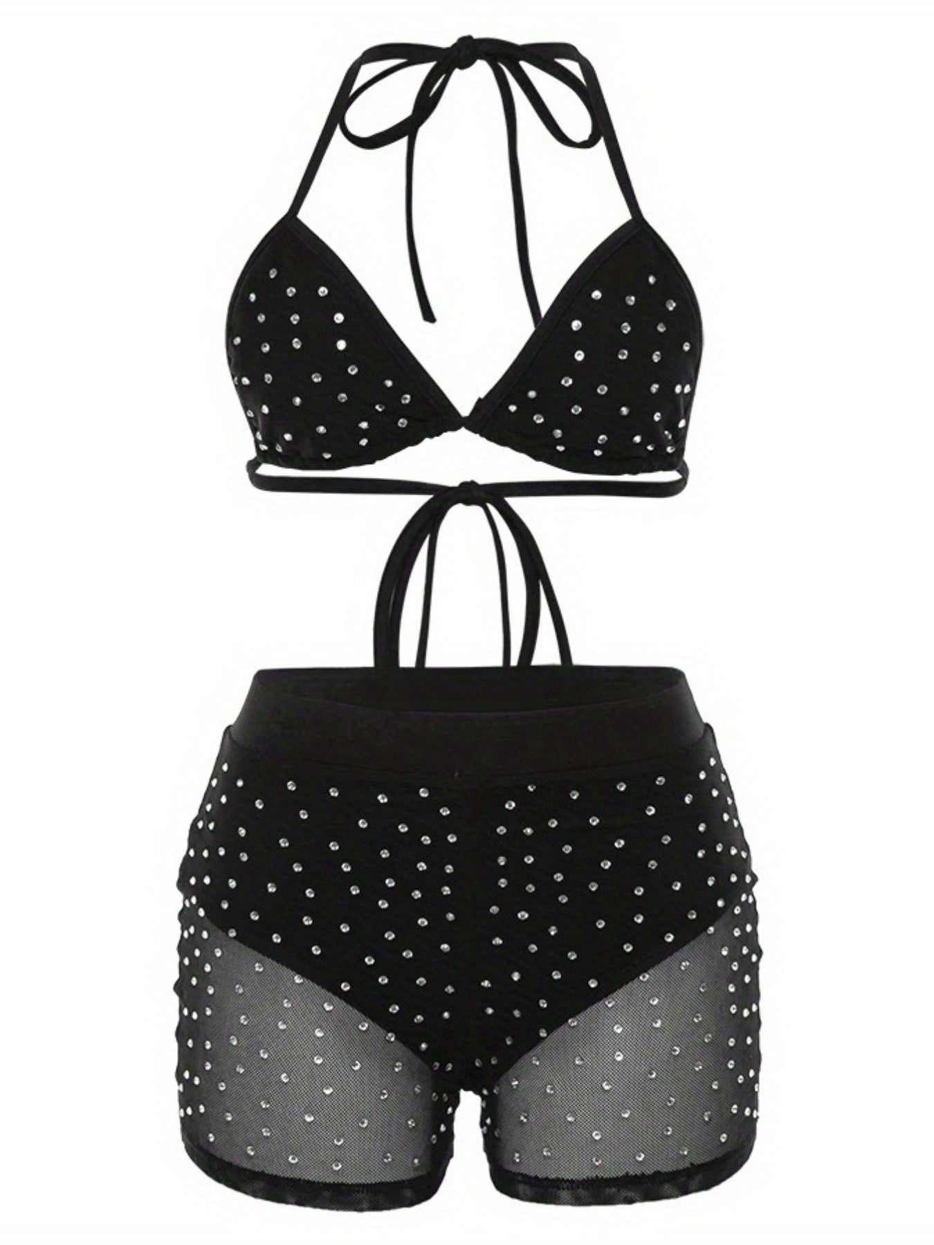 2pcs Women Sexy Lingerie Rhinestones Halter Triangle Bra Mesh See Through Short Pants Underwear Set