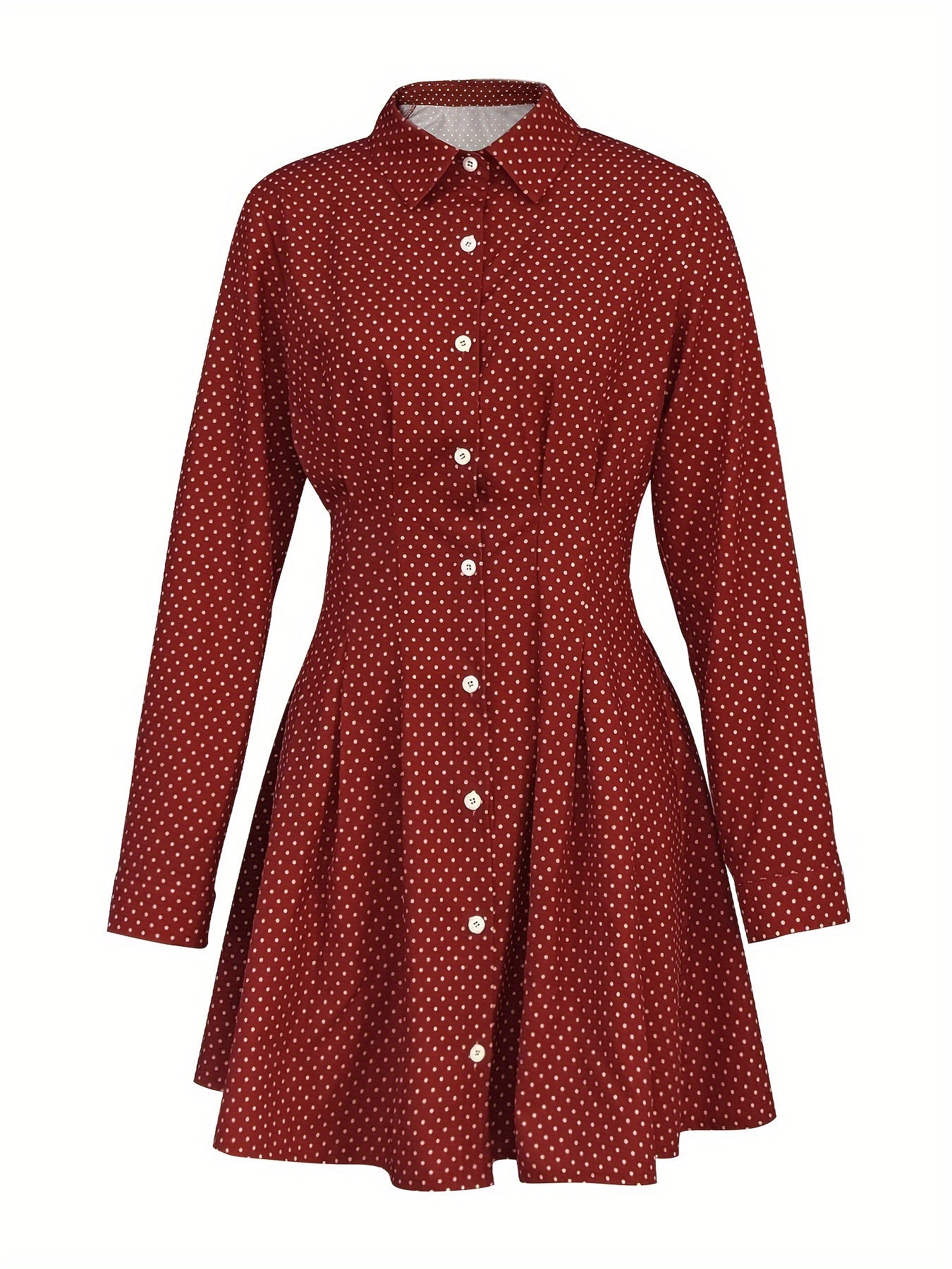 Polka Dot Button Front Dress - Elegant Long Sleeve Pleated Dress For Spring & Fall - Women's Clothing - For Women - Suitable for Parties & Casual Occasions - Perfect Gift for Her
