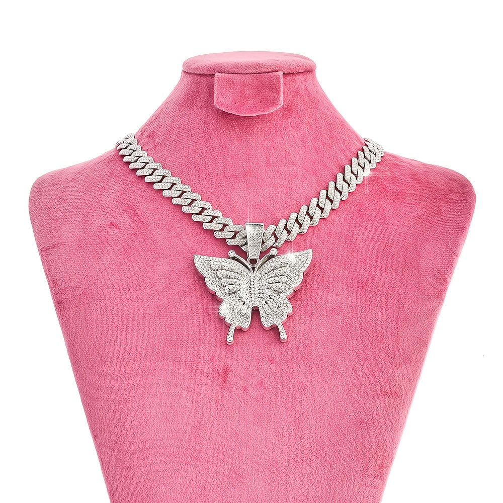 Hiphop Butterfly Pendant Necklace Setanimal themed jewelry Y2K style zinc alloychain with synthetic stone and setaperfect for parties, music festivals andValentine's Day gifts Fashion jewelry