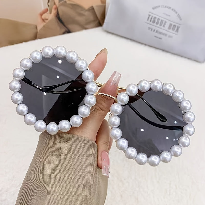 Retro Round-Frame Stylish Glasses with Imitation Pearl Accents And Colorful Ocean-Inspired Lenses - Perfect for Beach Parties And Outdoor Adventures