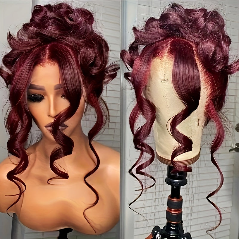99J Burgundy HD Lace Front Human Hair Wig - Glueless 13x4 Pre-Plucked Body Wave 200% Density Wine Red Costume Wig for Women, Wear & Go Party & Holiday Hair, Wig Accessories
