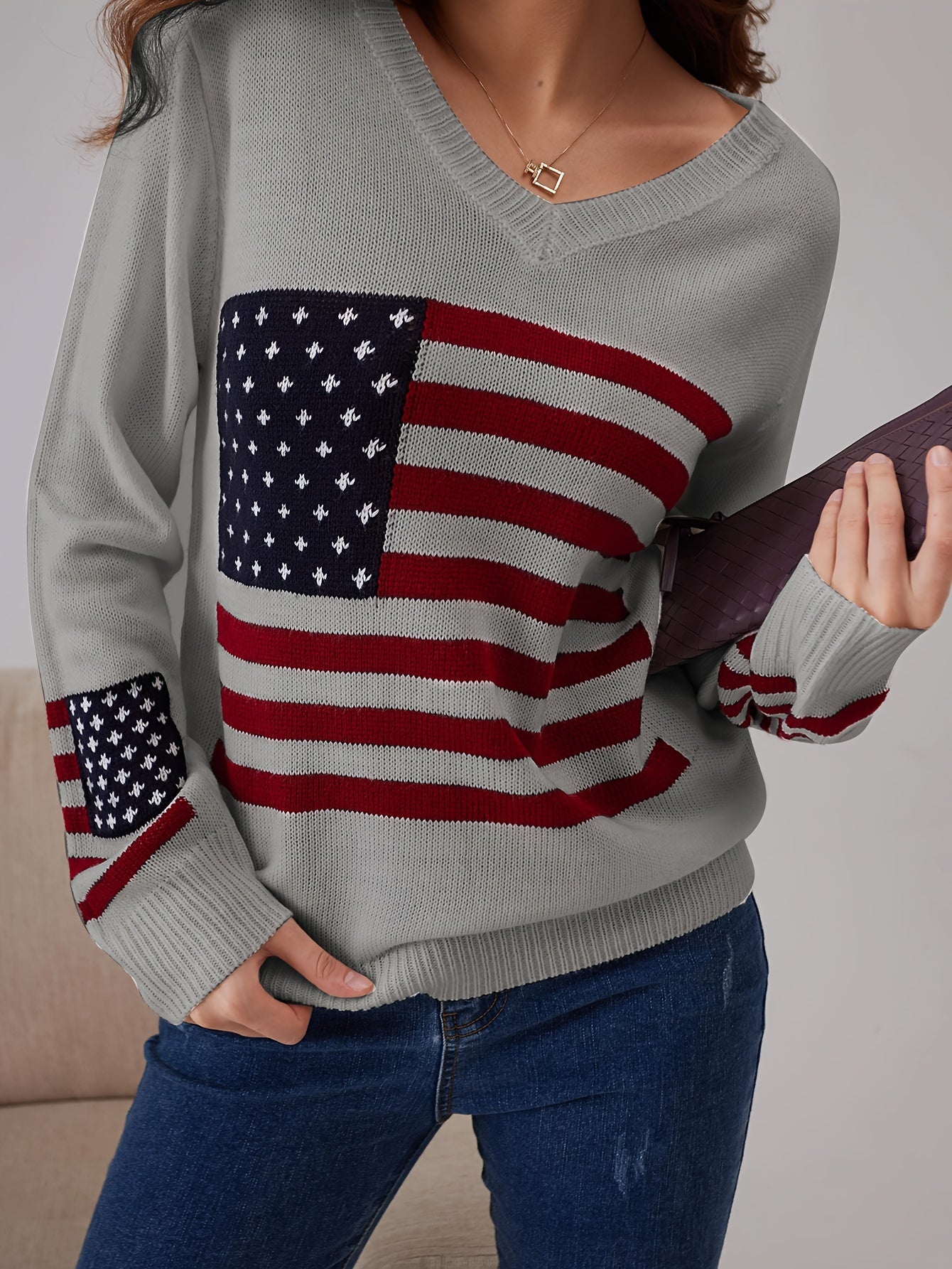 American Flag Print V Neck Sweater, Casual Long Sleeve Sweater For Spring & Fall, Women's Clothing