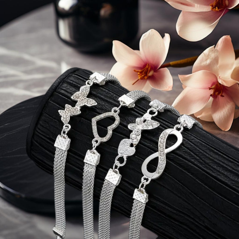 Set of 4- Elegant And Shiny Stackable Ankle Chains, Synthetic Zirconia Ankle Chains Plated with Butterflies And Hearts, Multifunctional Daily Jewelry Gifts