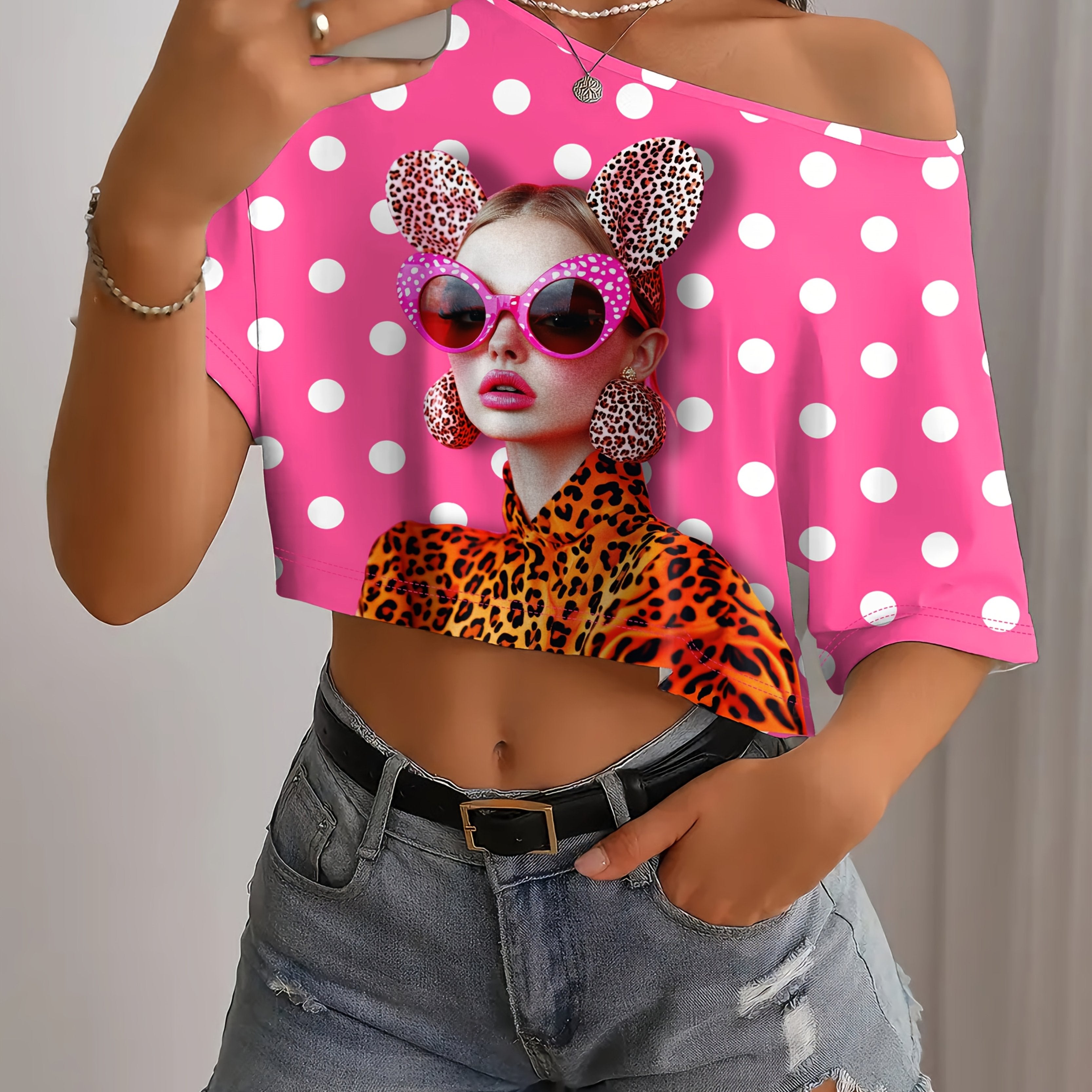Women's Summer Top, Fashionable Design, Innovative Pattern, Minimalist Artistic Style, Expressive and Romantic, Free to Mix & Match, Portrait Print, Sexy Off-Shoulder T-Shirt with Polka Dots