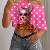 Women's Summer Top, Fashionable Design, Innovative Pattern, Minimalist Artistic Style, Expressive and Romantic, Free to Mix & Match, Portrait Print, Sexy Off-Shoulder T-Shirt with Polka Dots