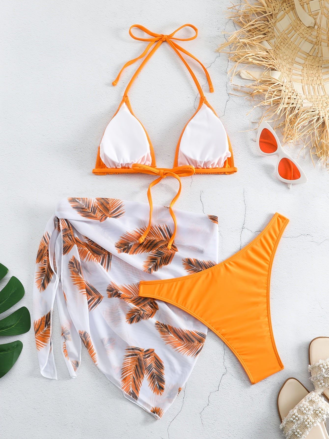3-Piece Feather Print Bikini Sets, Halter Neck Tie Back Backless High Cut With Cover Up Wrap Swimsuit, Women's Swimwear & Clothing