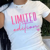Stretch Fit] Limited Edition" Women's Crew Neck T-Shirt - Soft & Stretchy Polyester Blend, Medium Stretch, Short Sleeve, All-Season Comfort, Machine Washable - Casual Chic in White with Pink Lettering, Allseason Apparel|Fashi