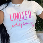 Stretch Fit] Limited Edition" Women's Crew Neck T-Shirt - Soft & Stretchy Polyester Blend, Medium Stretch, Short Sleeve, All-Season Comfort, Machine Washable - Casual Chic in White with Pink Lettering, Allseason Apparel|Fashi