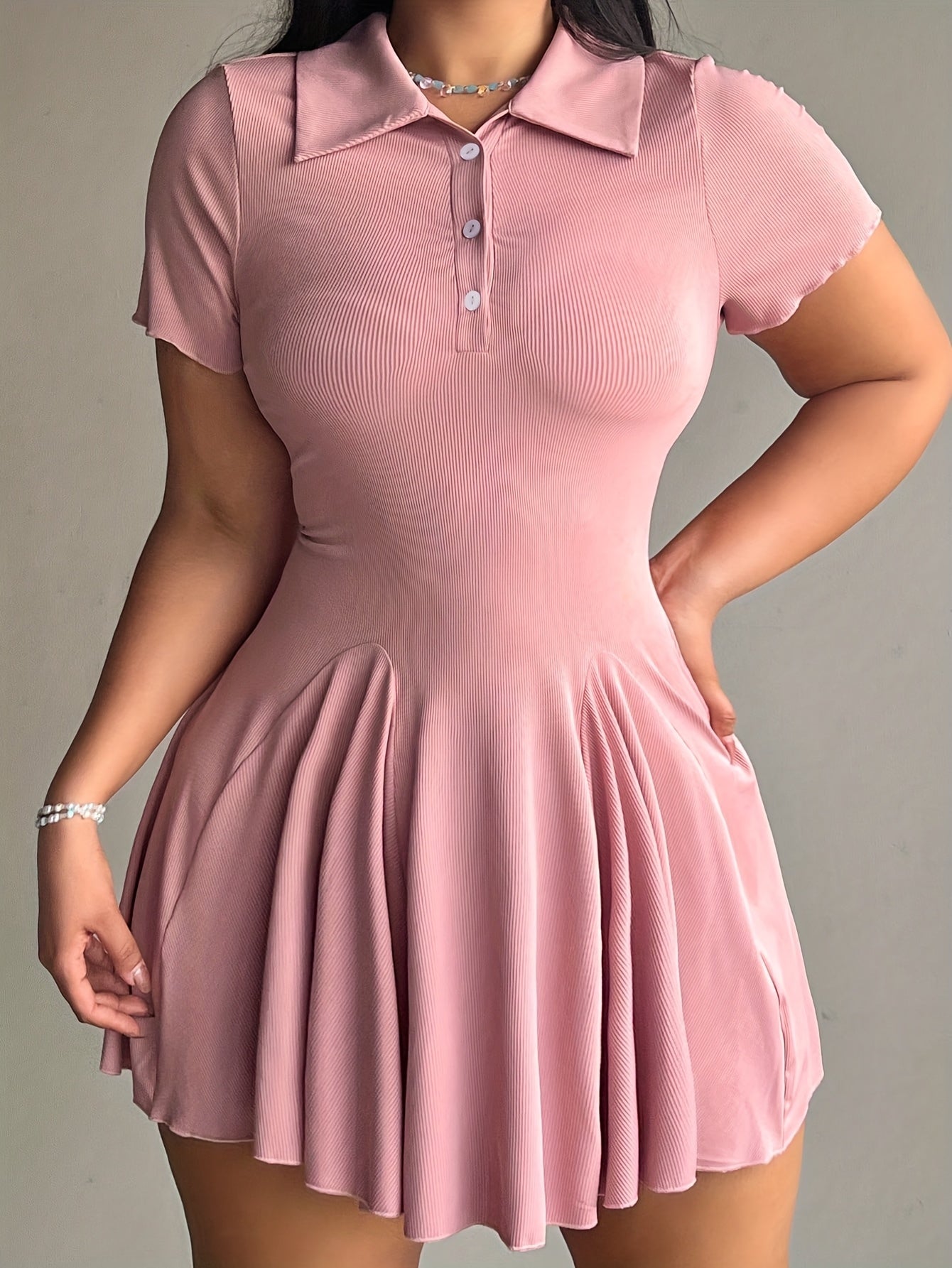 Women'S Casual Tennis Polo Dress - Short Sleeve, Button-Up Collar, Ribbed Texture, Knee-Length with Paddles, Beige, Casual Wear|Short Sleeve Dress|Buttonup Collar Dress