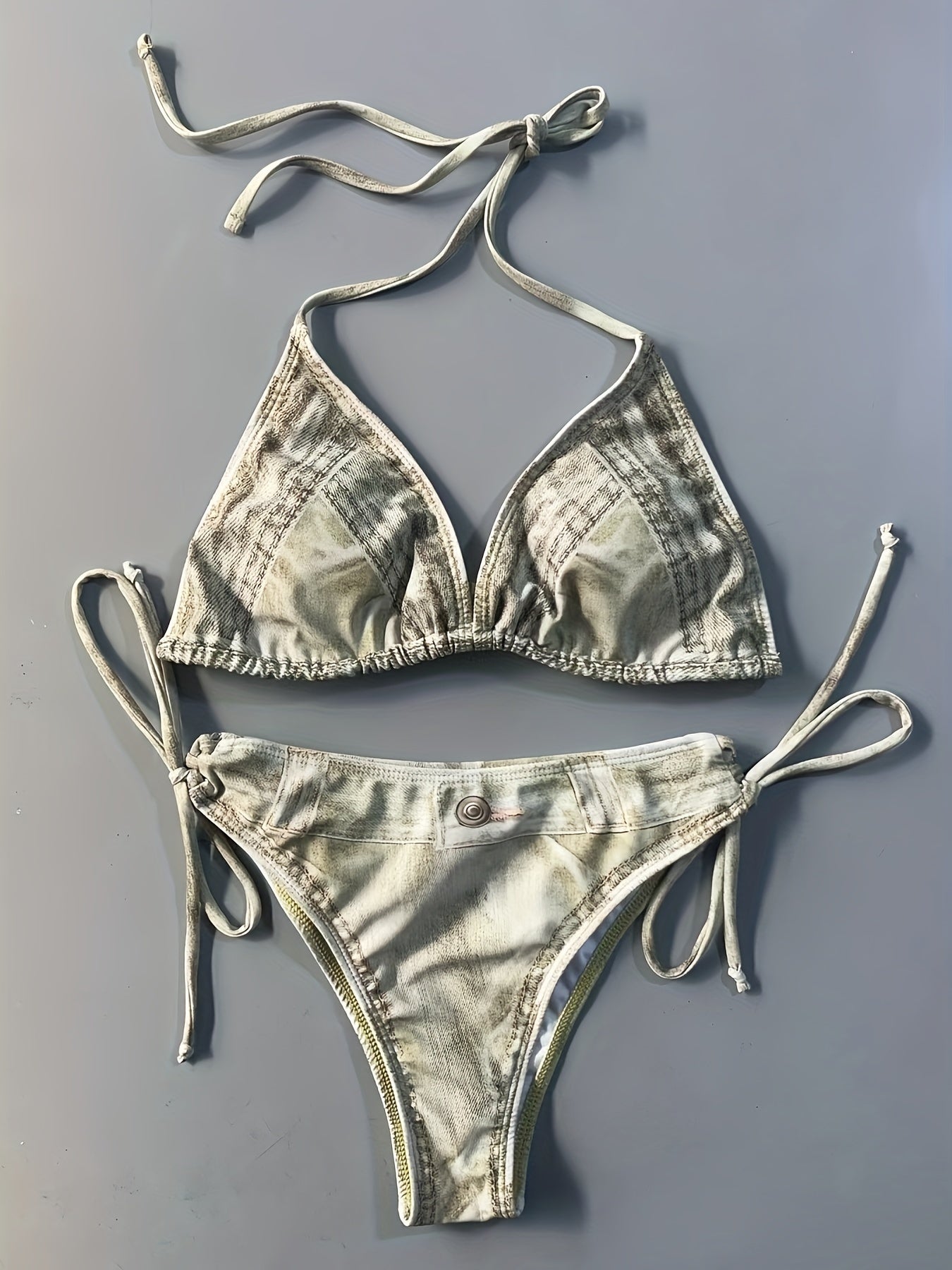 2 Piece Faux Denim Print Triangle Bikini Set - Tie Strap Halter Backless Design, Adjustable Straps, Ruffled Trim, Women's Swimwear & Clothing for Summer Beach Vacation